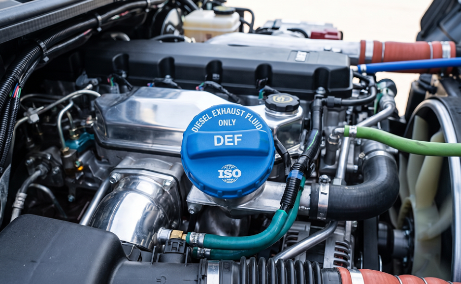 Blue-capped DEF fill point next to the diesel tank on a semi-truck
