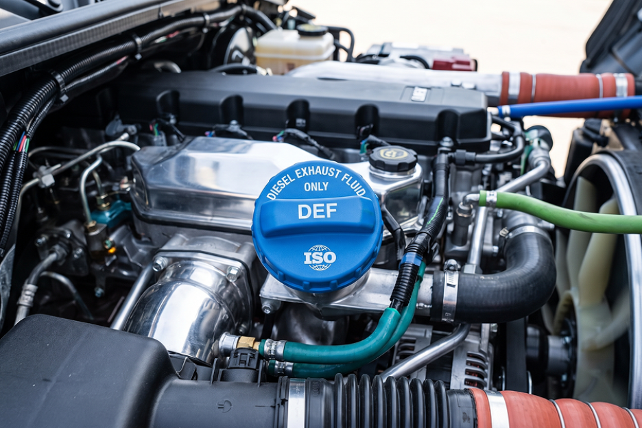 Blue-capped DEF fill point next to the diesel tank on a semi-truck