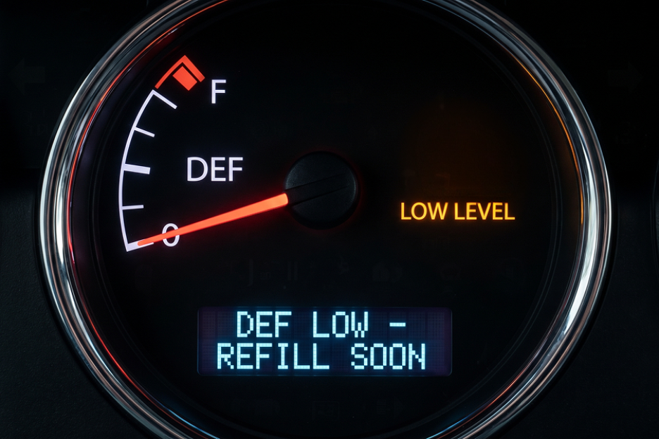 Semi truck dashboard DEF gauge showing a low-level amber warning light