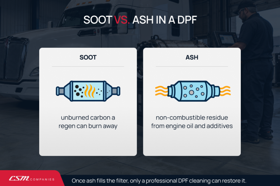Infographic comparing soot and ash buildup inside a diesel particulate filter